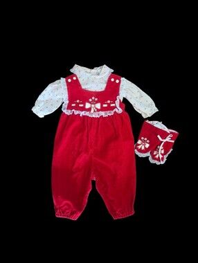 Vtg 3-6 mo Christmas Holiday Outfit Red Corduroy Bibs Embroidered Bows Lace Trim